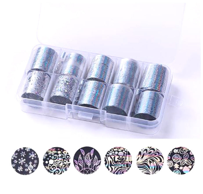 10 silver holo nail foils in a case