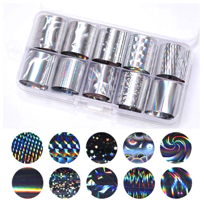 10 beautiful silver nail foils in a case