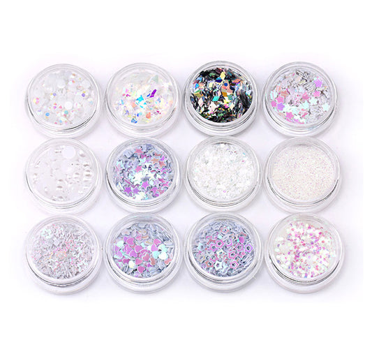 12 x Pot Unicorn Nail Glitter Sequin Set