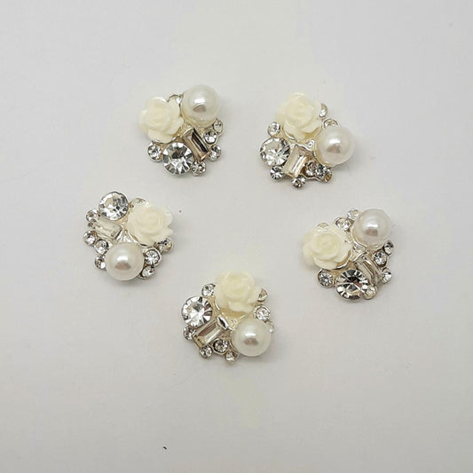 White Rose Nail Charms with Pearl + Gems x 2