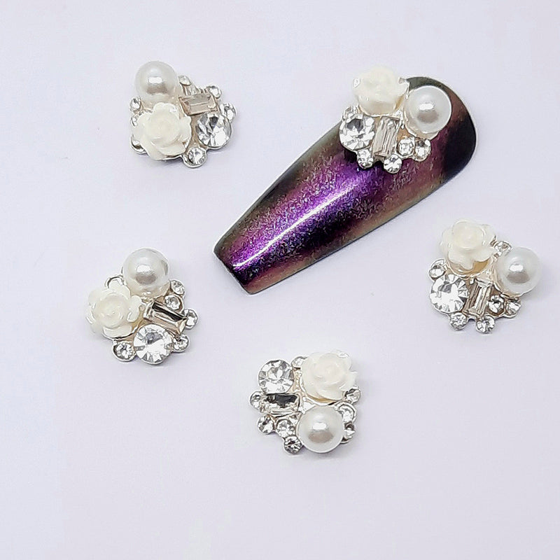 White Rose Nail Charms with Pearl + Gems. Really beautiful cluster charms.