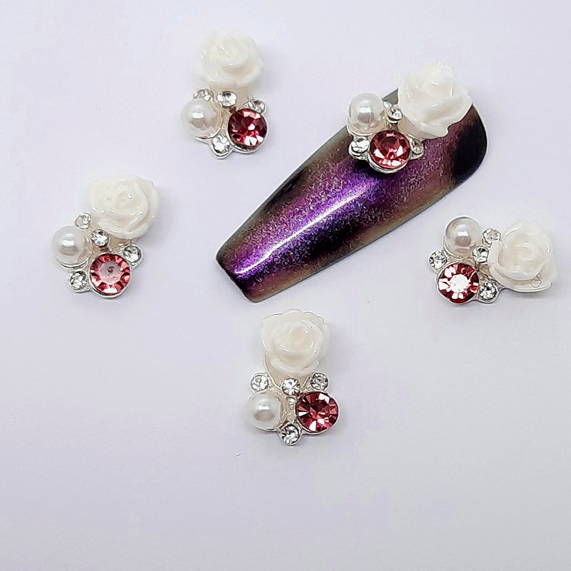 White Rose with Pearl + Gems Nail Charms, these are adorable cluster charms.